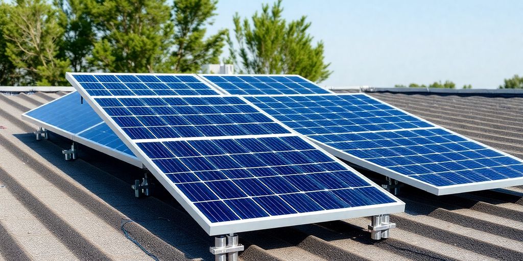 Panneaux solaires sur un toit plat avec structure lestée.