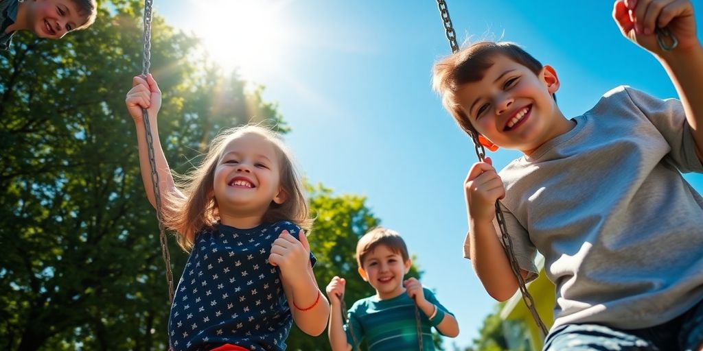 Bambini felici su altalene colorate