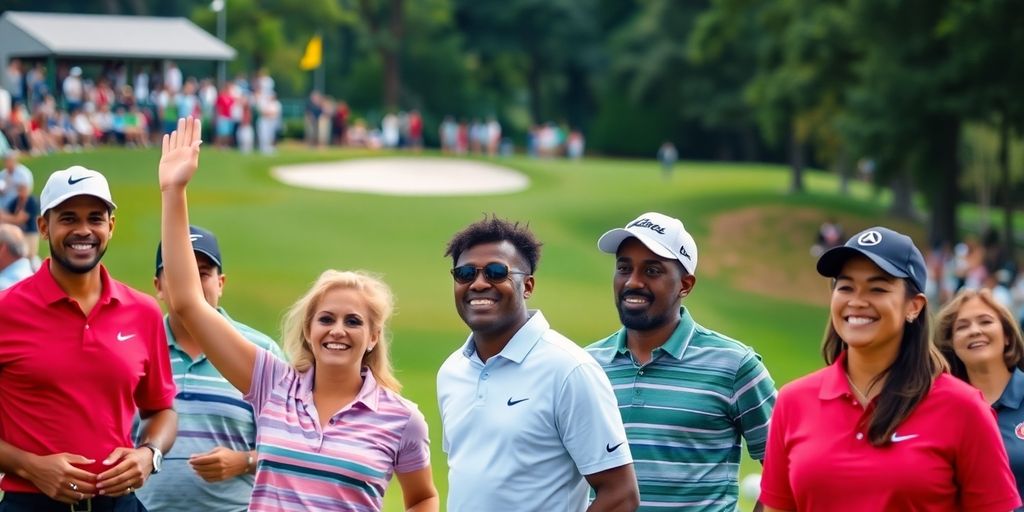 Diverse golfers celebrating on a green golf course.