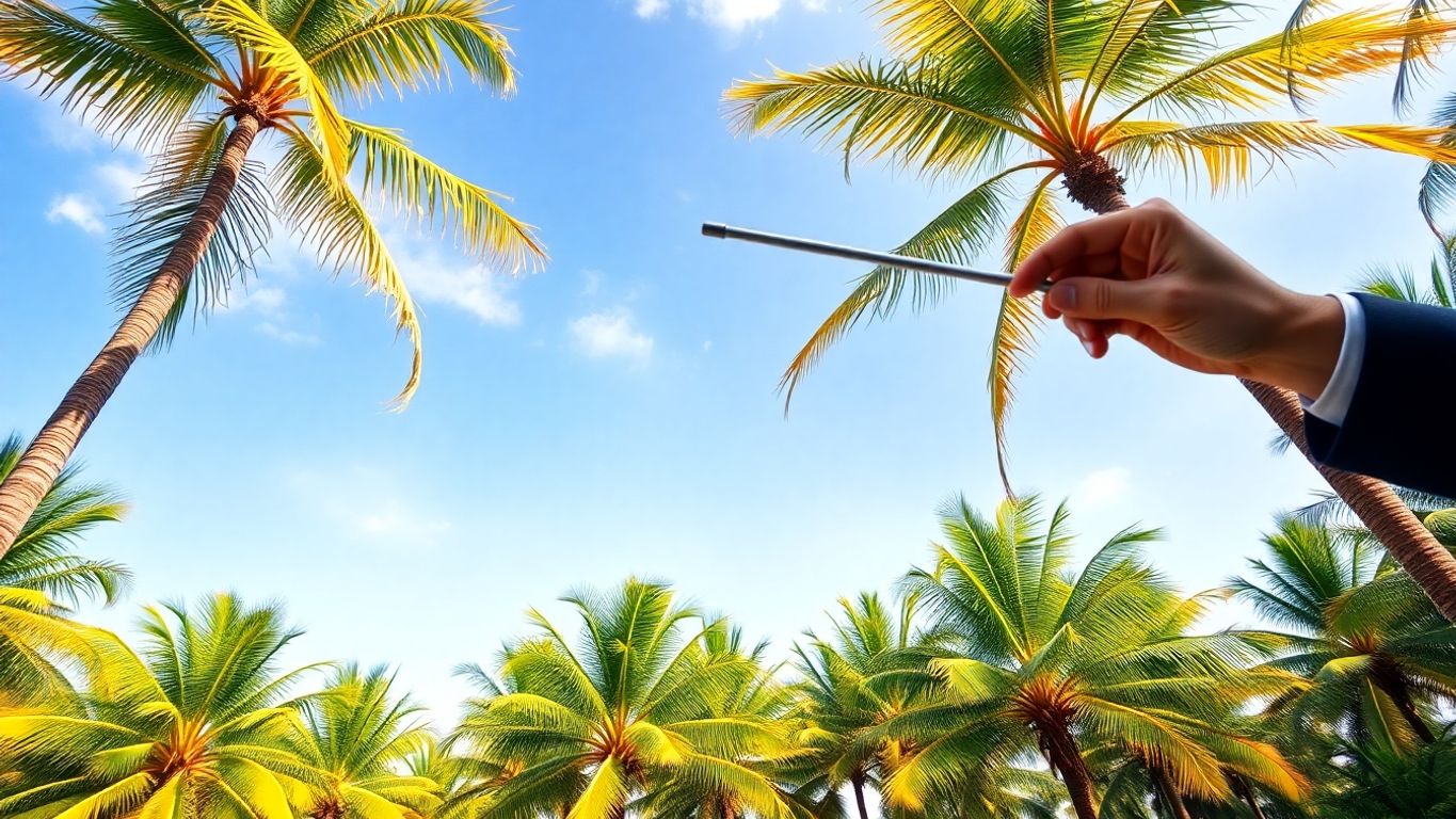 Orchestra conductor leading vibrant palm trees.