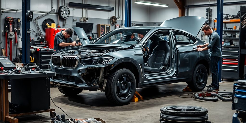 Mechanics working on a car in a repair shop