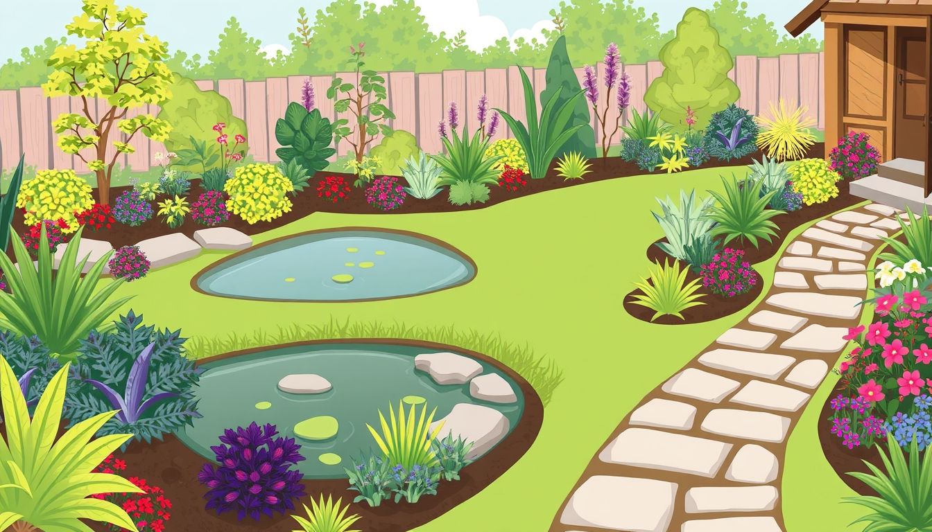 Beautifully landscaped garden with plants, pond, and pathway.