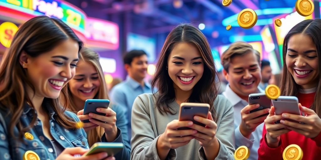 People playing games on smartphones, smiling and enjoying themselves.