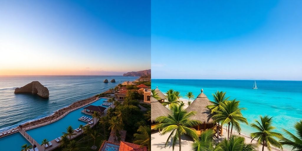 Coastal resorts, swimming pools, palm trees, and ocean.