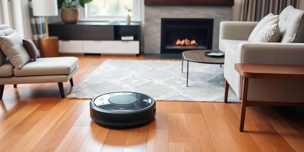 Roboter-Staubsauger in einem modernen Wohnzimmer.