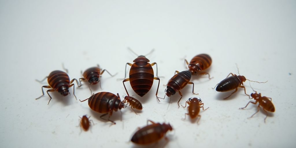 Close-up of bed bugs and fleas on a surface.