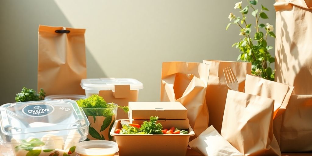 Stacked compostable food containers and paper bags.