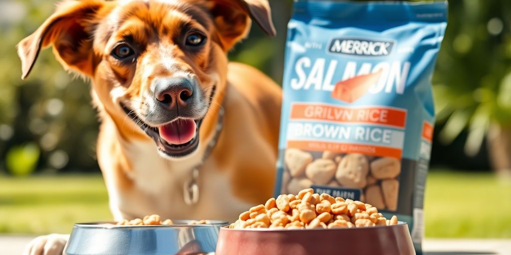 Dog happily eating Merrick Salmon and Brown Rice dog food.