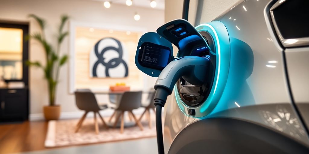 Home EV charging station in a stylish garage setting.