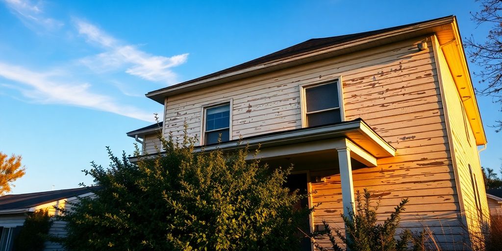 Distressed house with boarded windows
