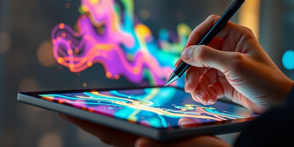 Human hand drawing digital art with AI tools.