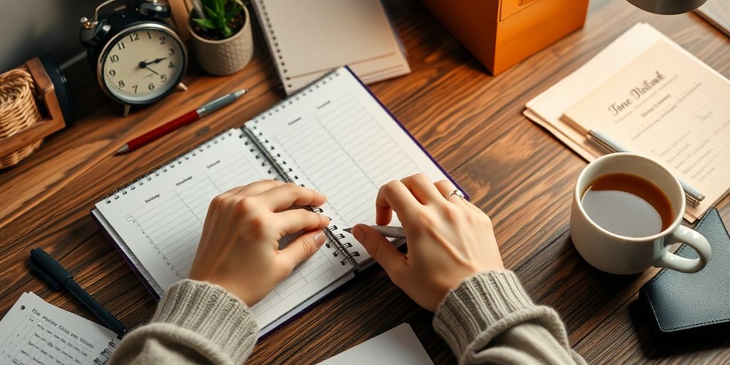 Person planning their day with a planner and clock.