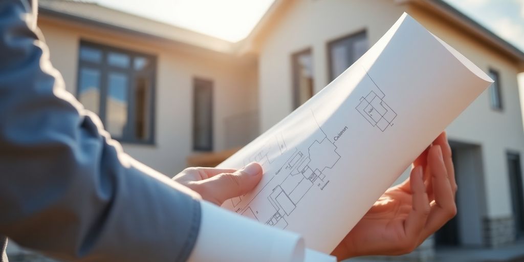 Architects reviewing blueprints at a construction site.