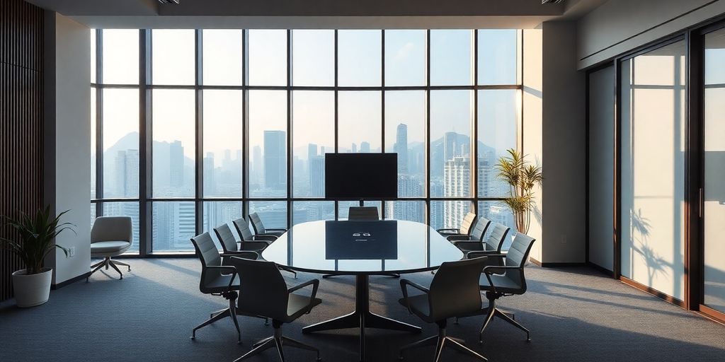 Contemporary office interior with city skyline view.