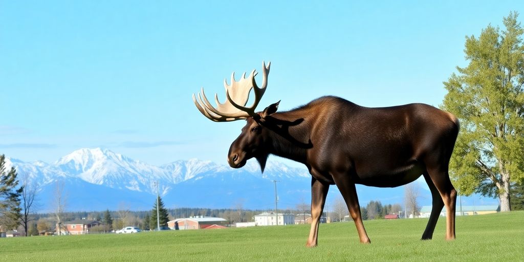Moose grazing near mountains, Anchorage.