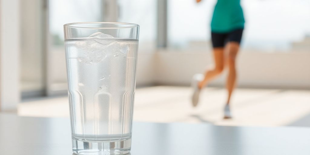Refreshing water glass and active person.