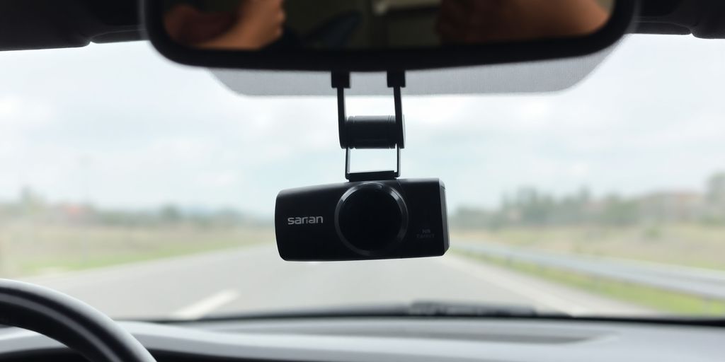 Modern dash cam mounted on a car windshield.