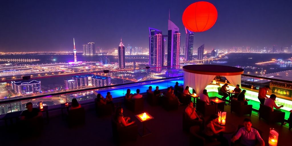 Rooftop bar with city skyline at night.