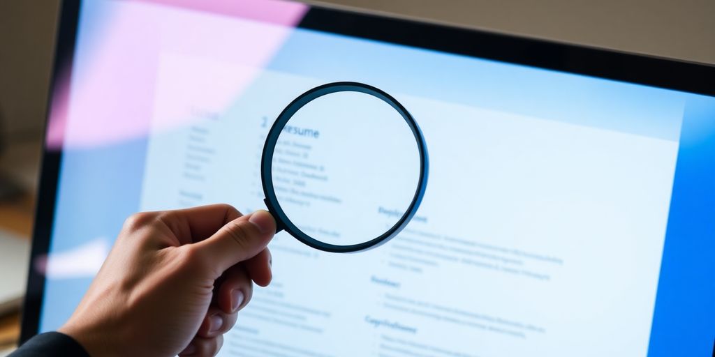 Resume on screen, magnifying glass.