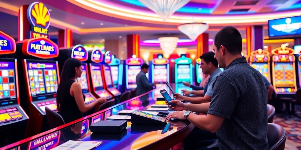 En färgglad casinobild med spelare och betalningsalternativ.