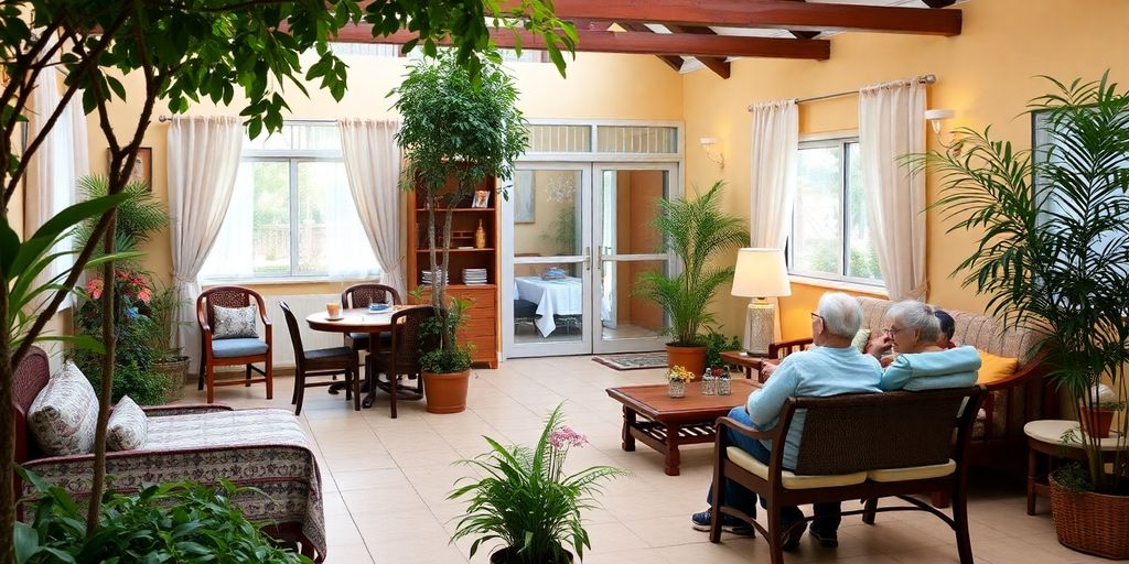 Casa de repouso aconchegante com idosos e funcionários.