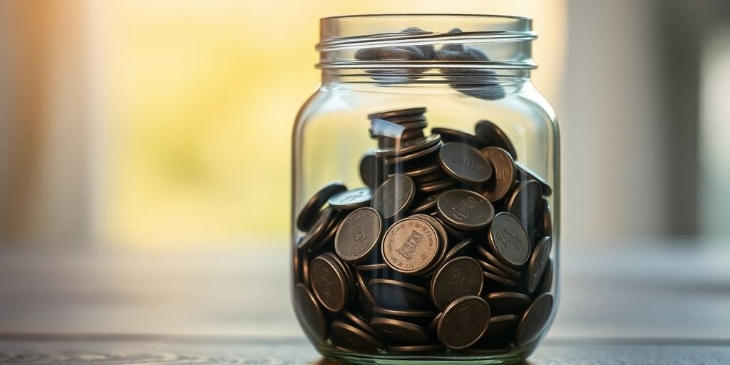 Un bocal en verre rempli de pièces de monnaie.