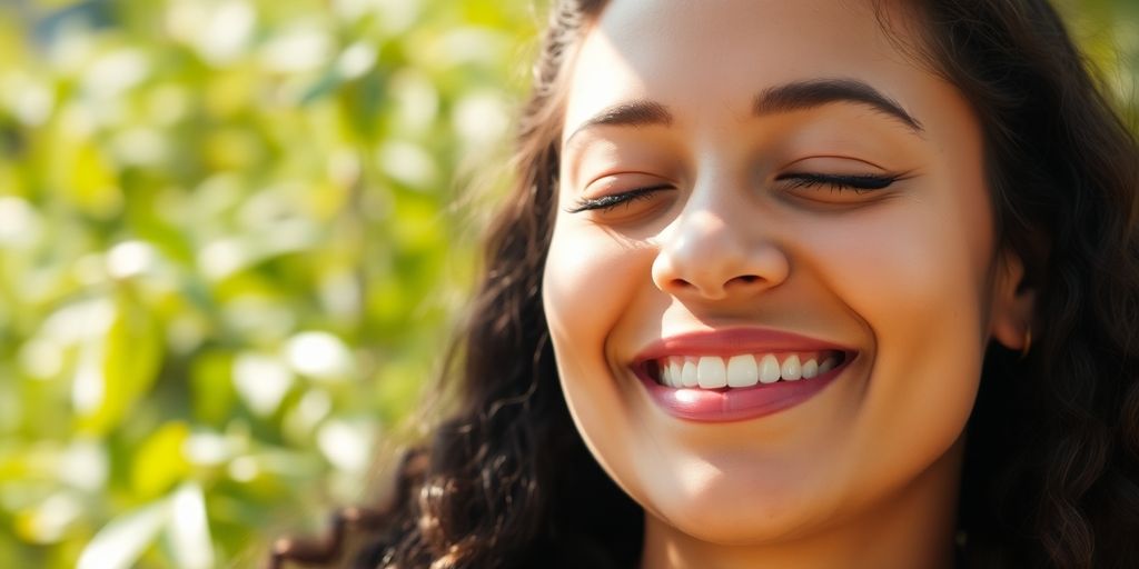 Person smiling, looking serene outdoors.