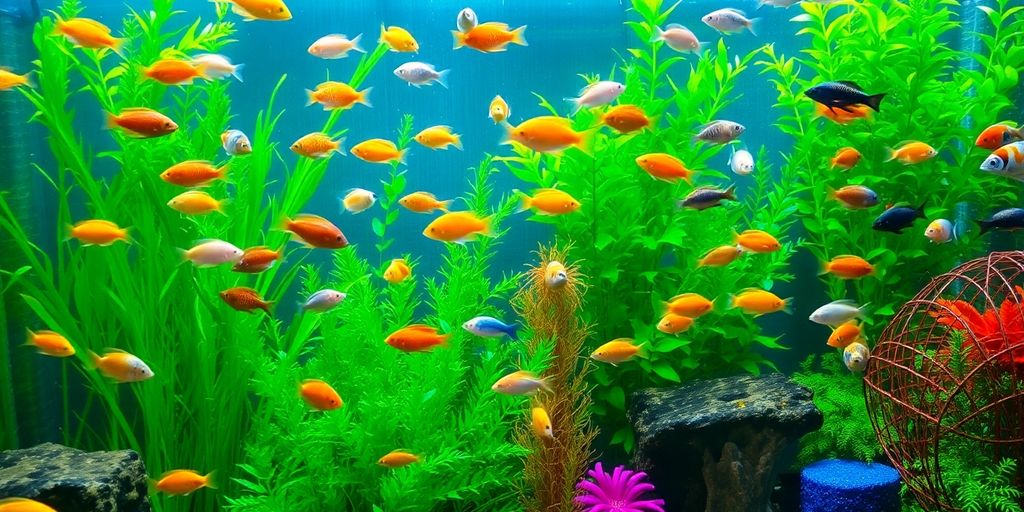 色彩斑斓的淡水鱼在郁郁葱葱的水族箱中。