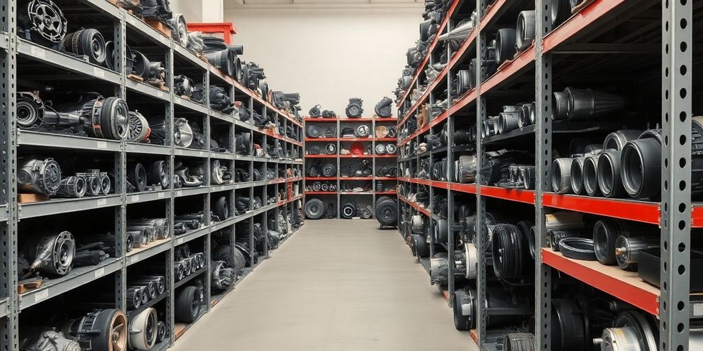 Used Mitsubishi parts on shelves in a warehouse.