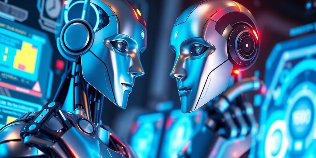 Futuristic robot interacting with digital interfaces.