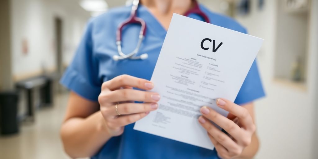 Nurse holding a CV, professional and clean design.