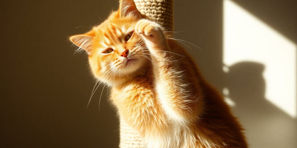 Cat happily scratching a sisal post.