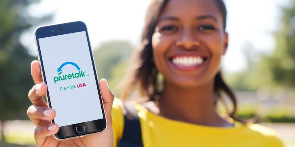 Happy user with PureTalk USA smartphone outdoors.