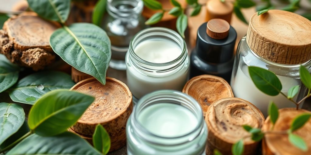 Natural skincare products with green leaves and wood accents.