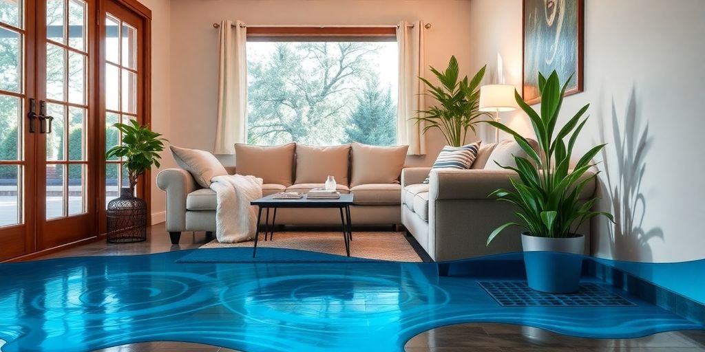 Cozy interior with water-resistant features and vibrant plants.