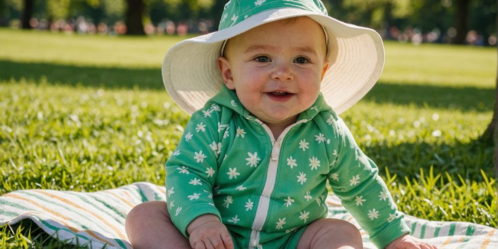 Baby in UV-protection onesie and sun hat