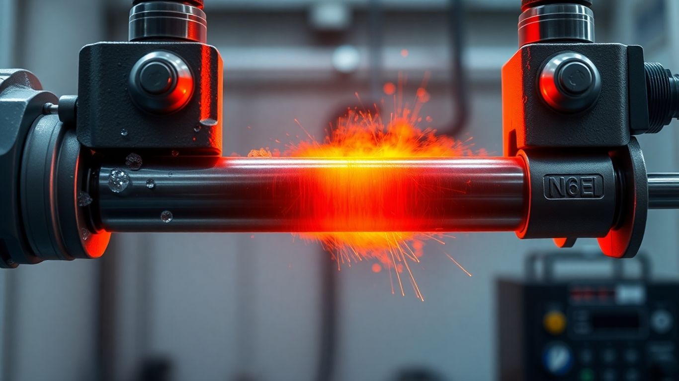 Metal rod in clamps, icy frost one side, glowing heat.