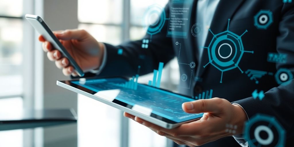 Business professional with digital tablet and AI graphics.