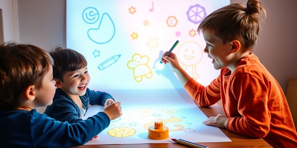 Children using a drawing projector toy to create art.