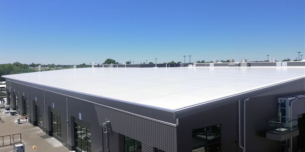 Modern commercial building with a sleek white membrane roof.
