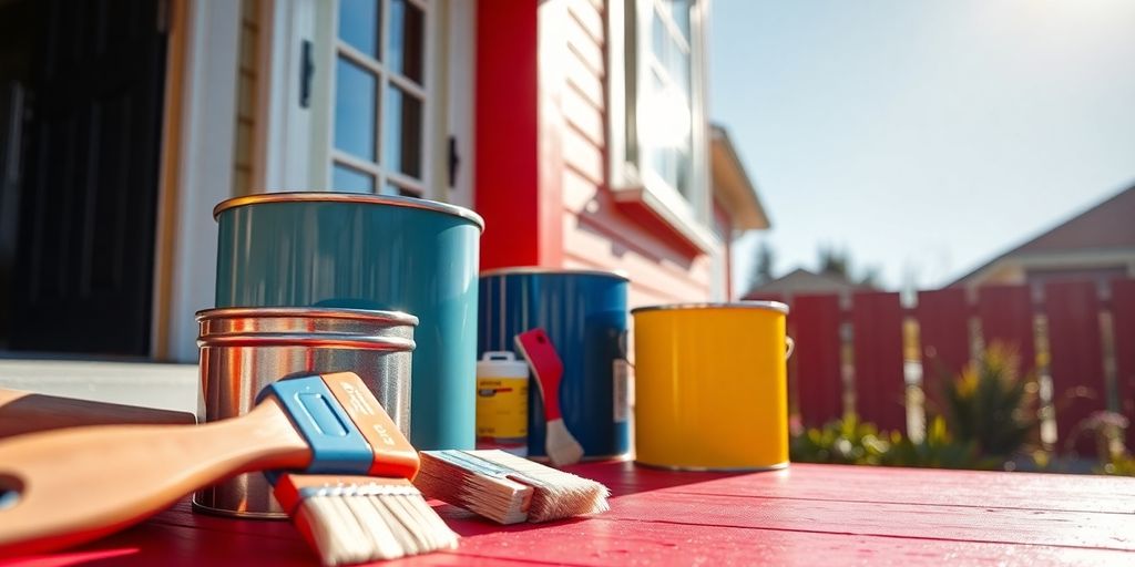 Freshly painted house with cans and brushes nearby.