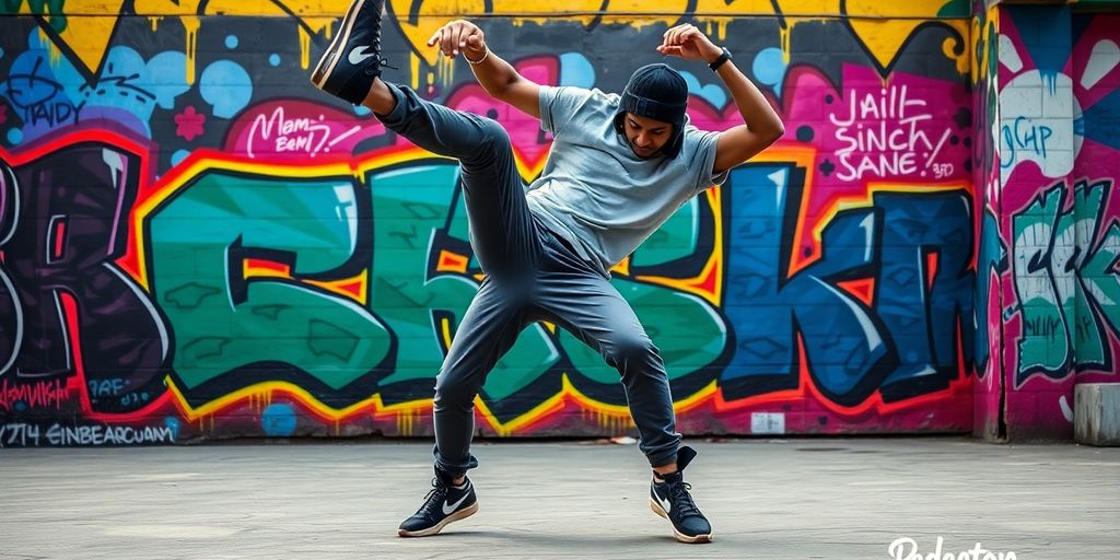 En breakdancer i en freeze-position på en färgglad bakgrund.