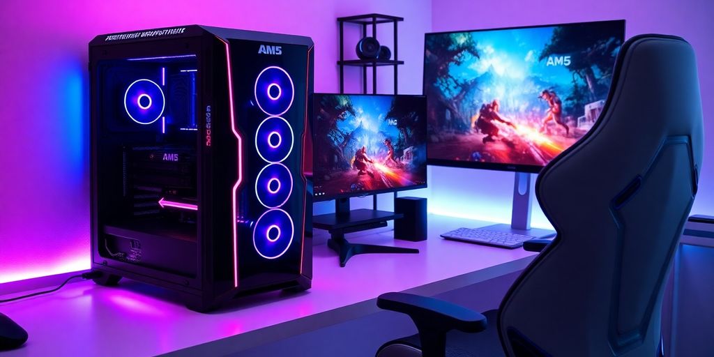 AM5 Gaming PC mit RGB-Beleuchtung und Monitor.