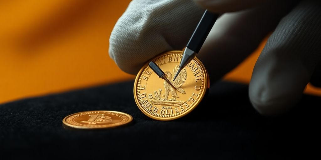 Close-up of a gold coin being tested.