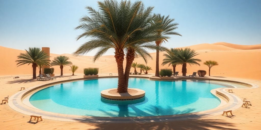 Desert swimming pool with palm trees and sand dunes.
