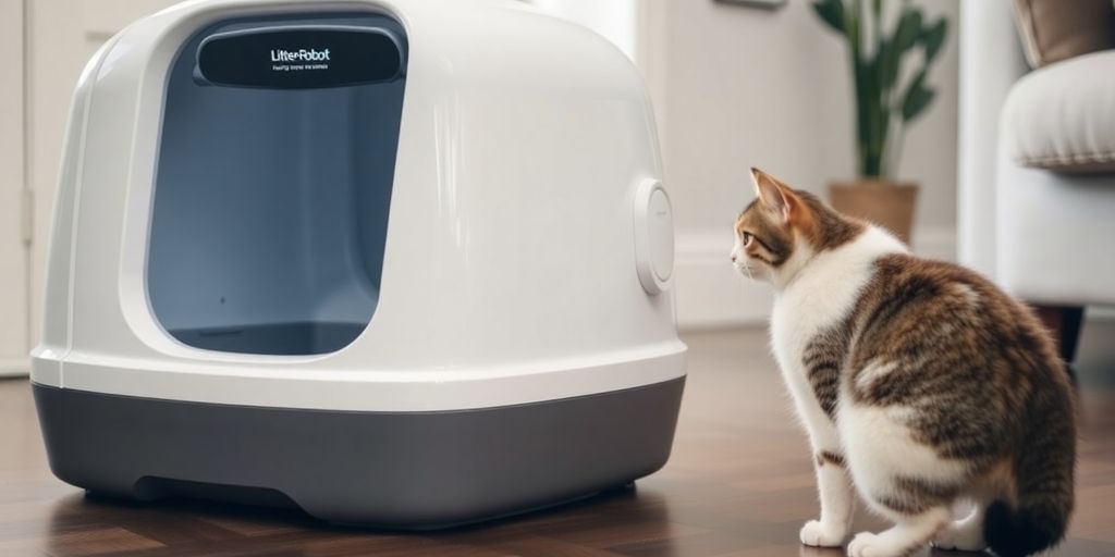 Litter-Robot 4 with cat nearby