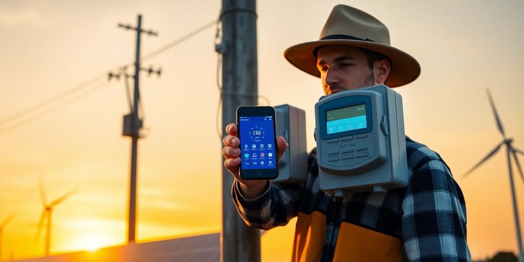 Technician holding smartphone near smart electricity meter with renewable background