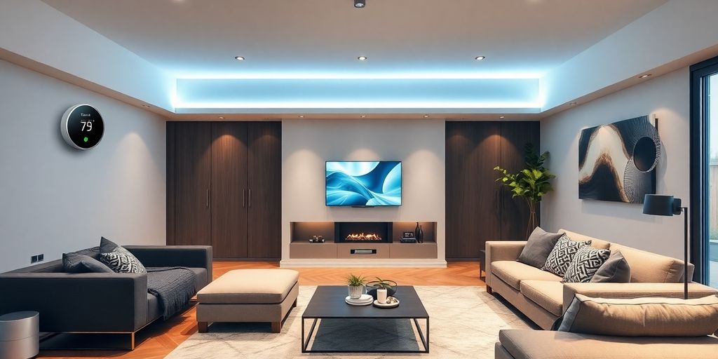 Modern living room filled with advanced smart home devices.