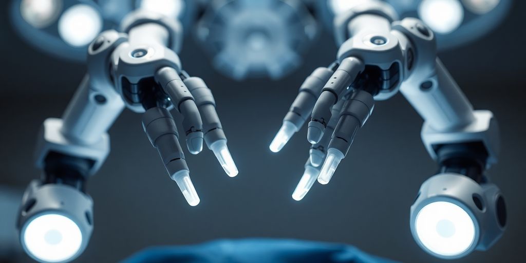 Robotic surgeon with glowing instruments.
