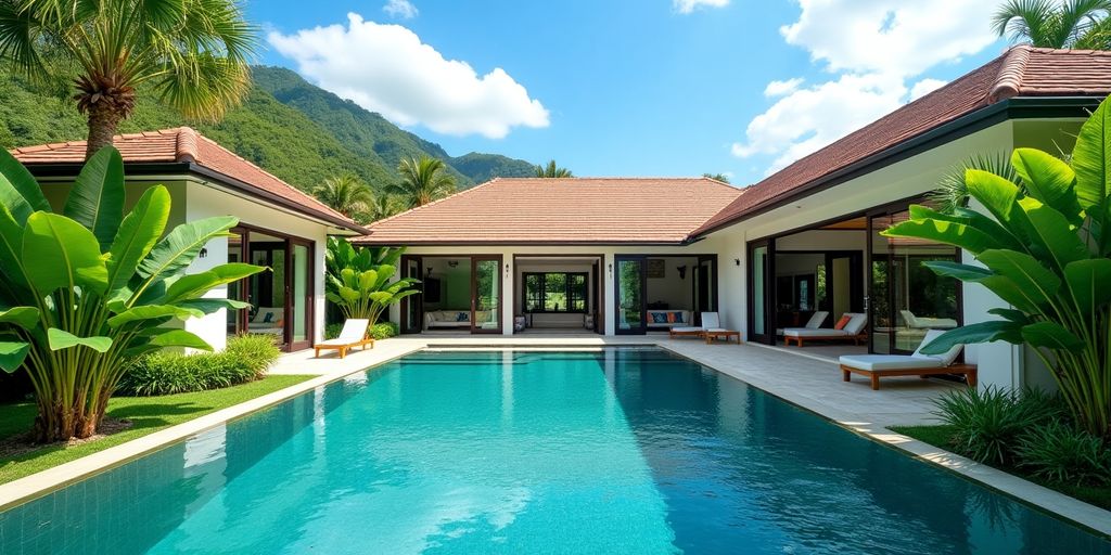 Luxurious villa in Phuket with pool and greenery.